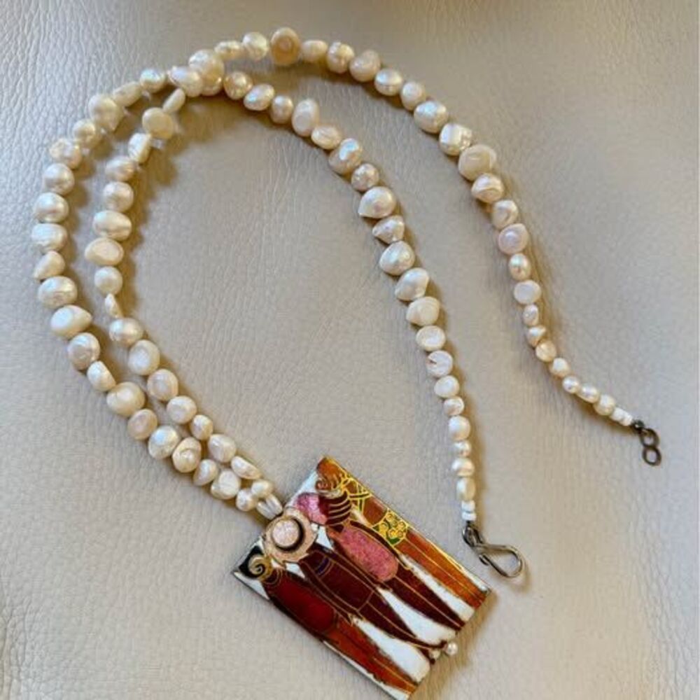 Girls at Beach Cloisonne Natural Pearl Bead 27” Long Necklace Swimsuit Gold